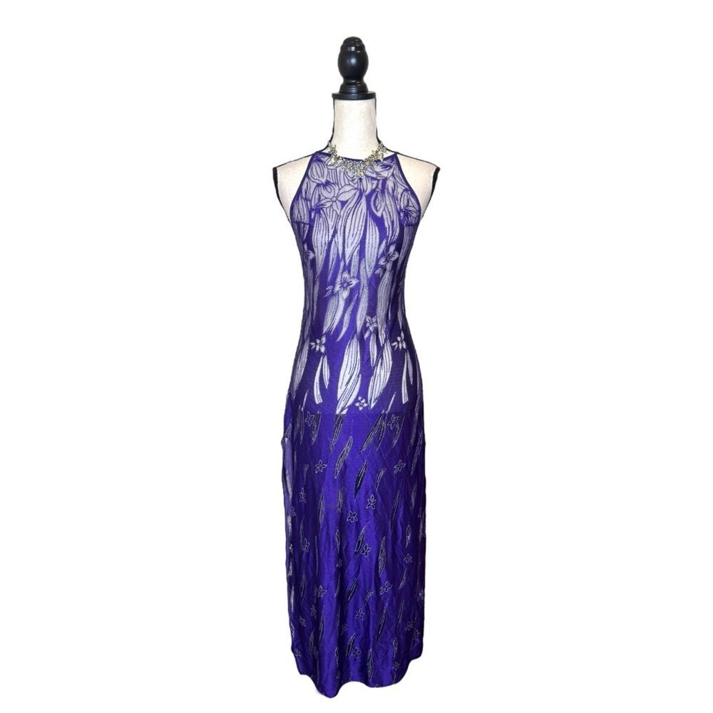 Shirley Of Hollywood Purple Glitter Maxi Slip Dress w/ Sheer Cutouts Size Medium